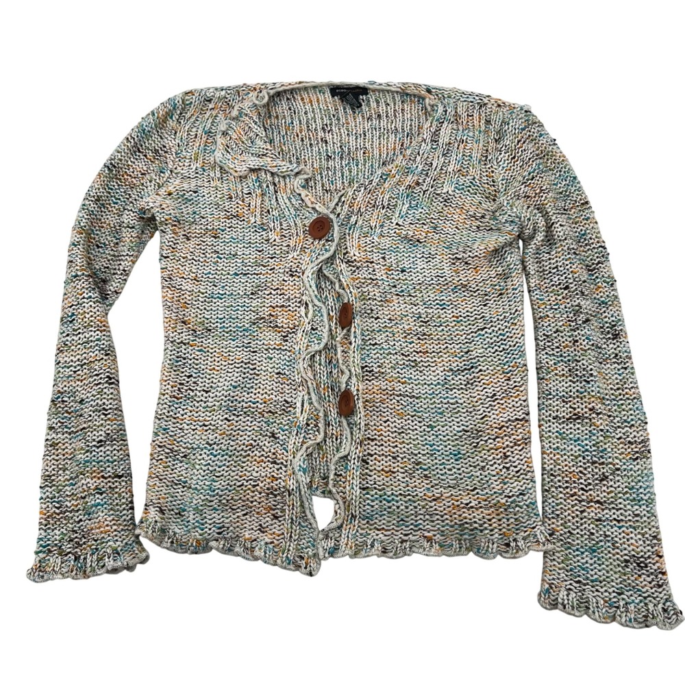 BCBGMAXAZRIA Y2k Multi Color Confetti Chunky Knit Ruffle Cardigan‎ Sweater L